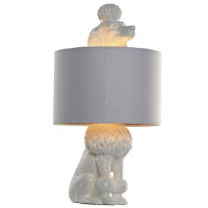 Lámpara de sobremesa escultórica Caniche en resina blanca y pantalla dorada