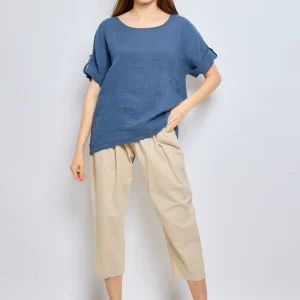 Top en lin avec manches à pattes boutonnées