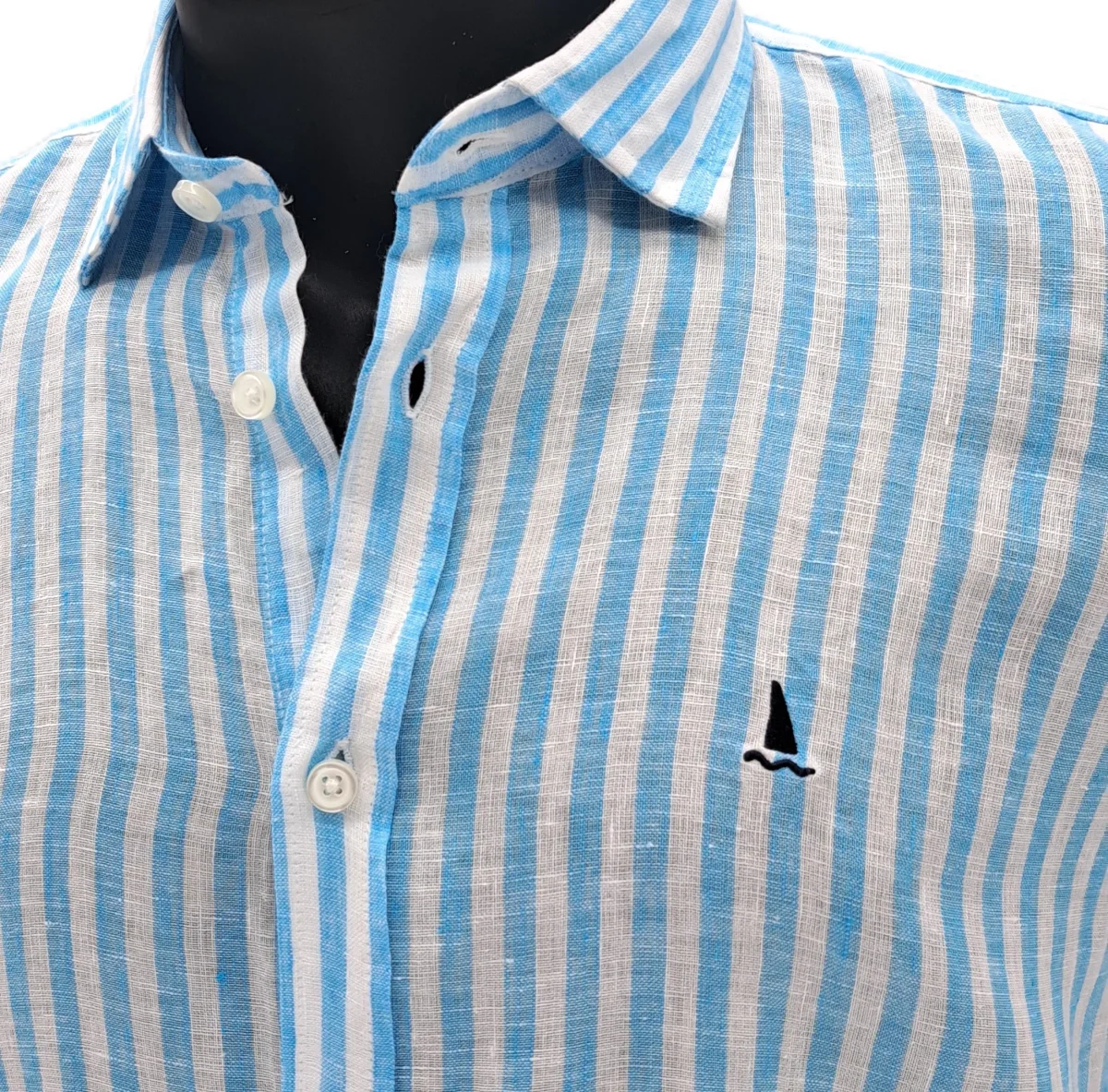 CAMISA LINO CON RAYAS AZUL TURQUESA Y BLANCAS - Imagen 3