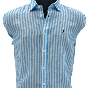CAMISA LINO CON RAYAS AZUL TURQUESA Y BLANCAS