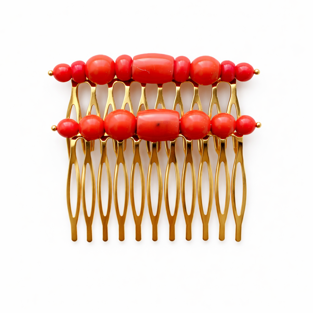 Conjunto Flamenco Triana: Peina, Pendientes y Broche Coral y Hueso - Imagen 6