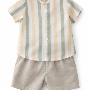 Conjunto niño rayas verdes y beige lino natural ref 26303