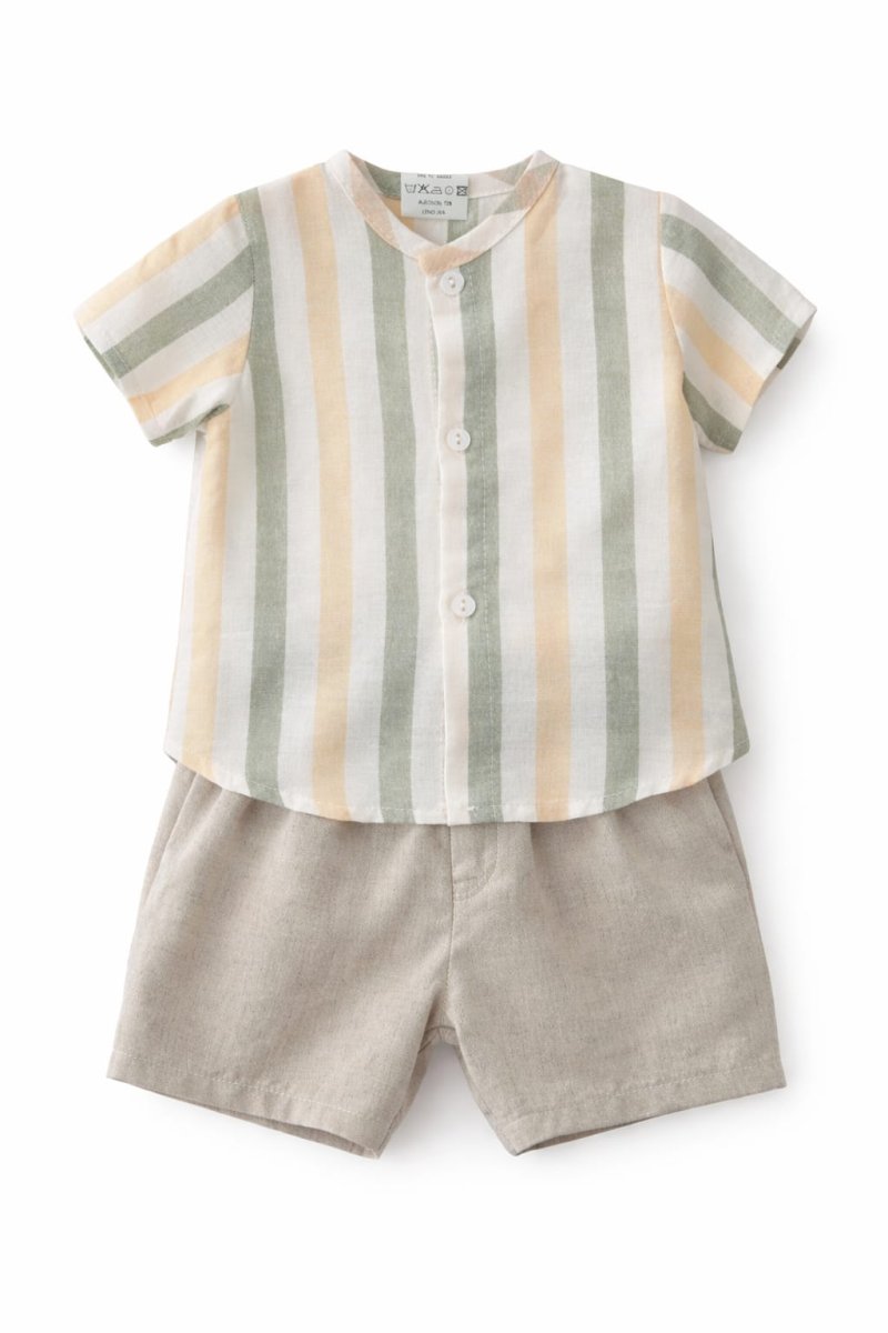 Conjunto niño rayas verdes y beige lino natural ref 26303 - Imagen 2