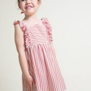 Vestido infantil coral a rayas con volantes 263033