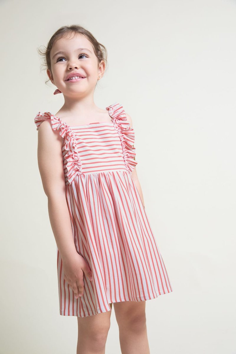 Vestido infantil coral a rayas con volantes 263033