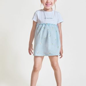 Vestido infantil combinado azul con flores bordadas 263054