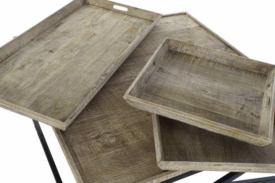 Mesa de Centro Industrial Madera Recuperada y Metal Negro con Bandejas - Imagen 5