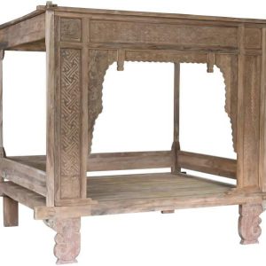 Cama Dosel Artesanal de Teca Tallada Estilo Oriental