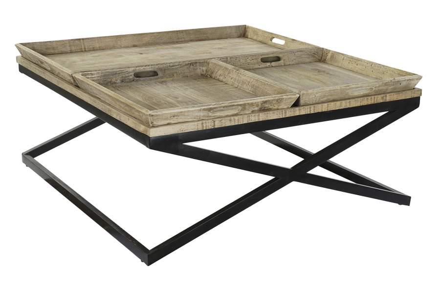 Mesa de Centro Industrial Madera Recuperada y Metal Negro con Bandejas - Imagen 9