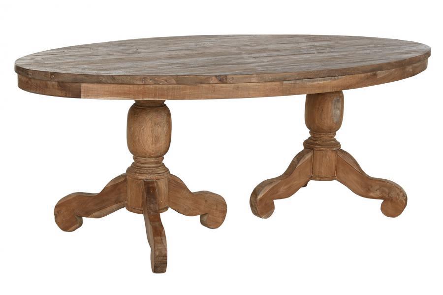 Mesa comedor ovalada de teca maciza con doble soporte torneado - Imagen 6