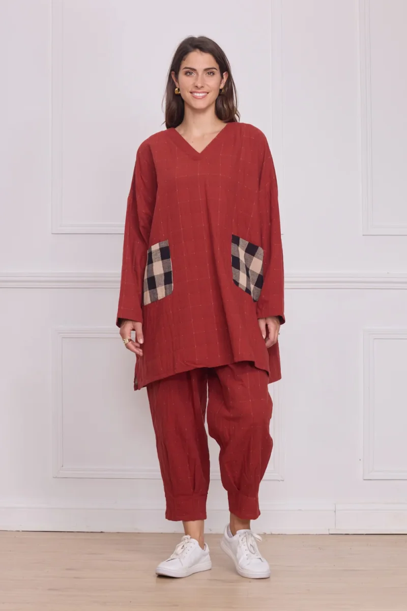 Robe femme orange poches carreaux – 100% coton