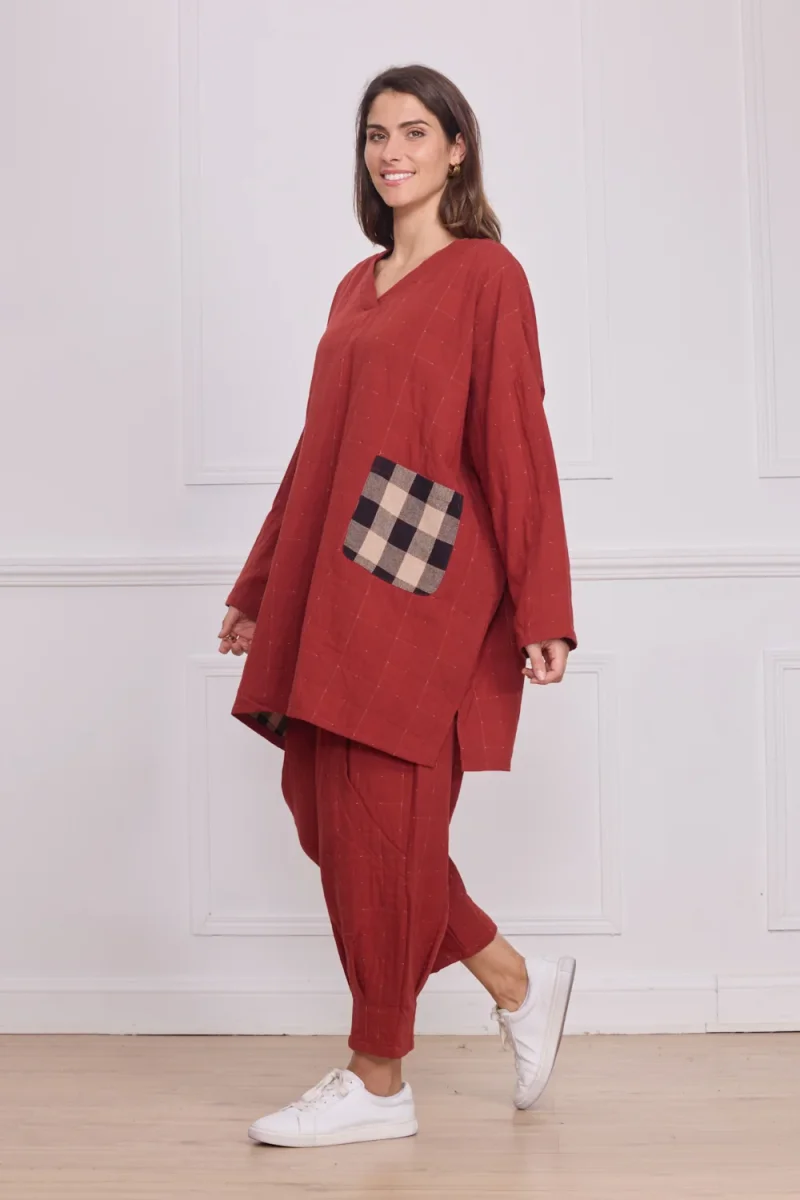 Robe femme orange poches carreaux – 100% coton - Imagen 3
