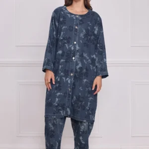 Chemise longue bleue femme imprimé fleurs – 100% coton