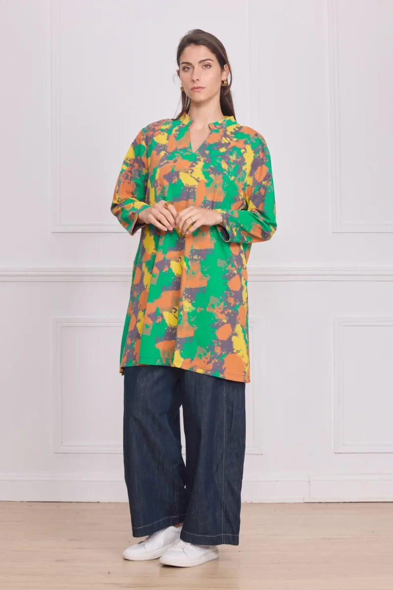 Tunique femme manches longues multicolore vert – 100% coton - Imagen 3