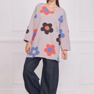Tunique femme grise à grandes fleurs – 100% coton