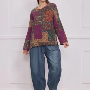 Haut manches longues patchwork fleuri violet – 100% coton