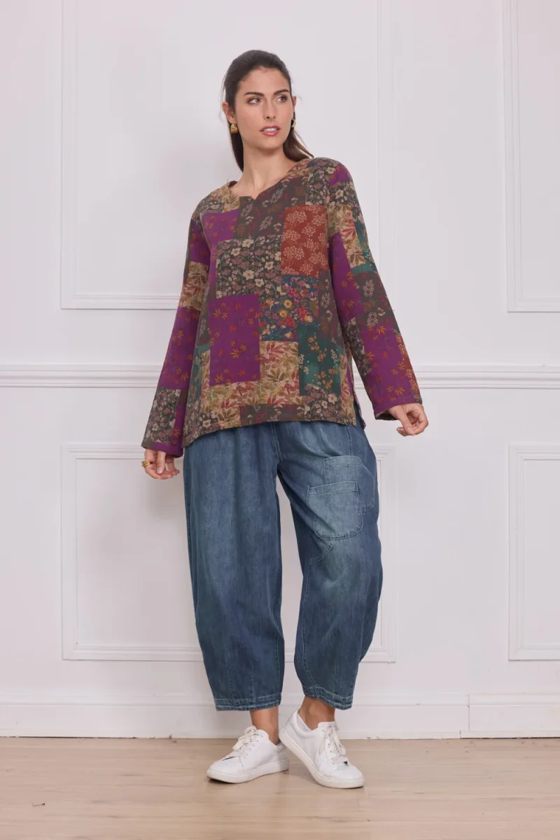 Haut manches longues patchwork fleuri violet – 100% coton - Imagen 2
