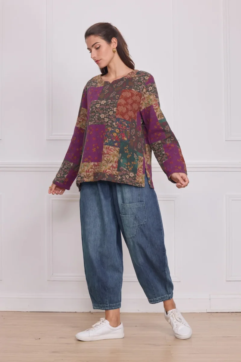 Haut manches longues patchwork fleuri violet – 100% coton - Imagen 3