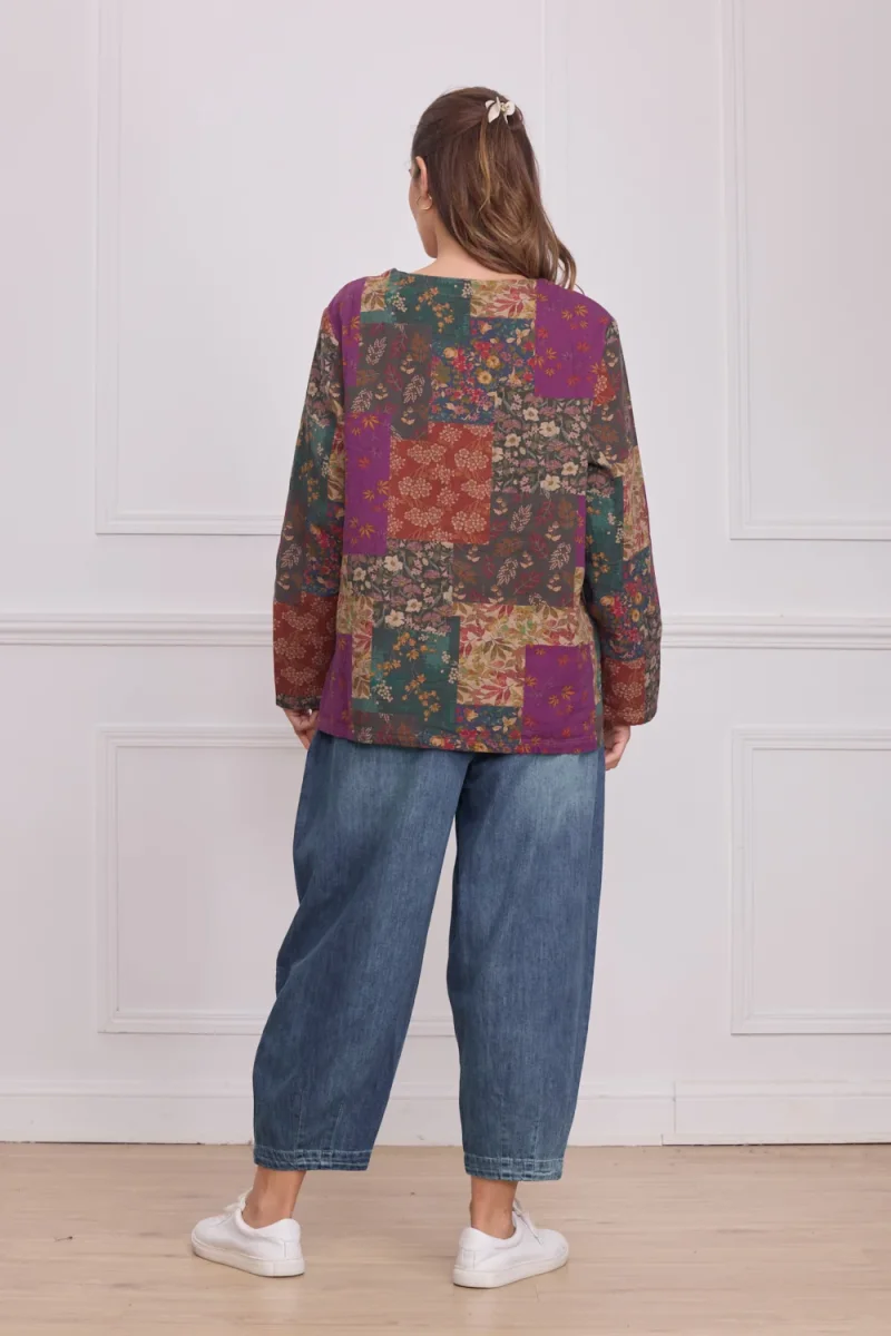Haut manches longues patchwork fleuri violet – 100% coton - Imagen 4