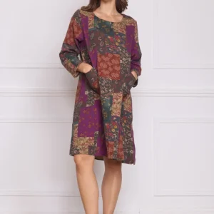 Robe mi-longue patchwork fleuri violet – 100% coton