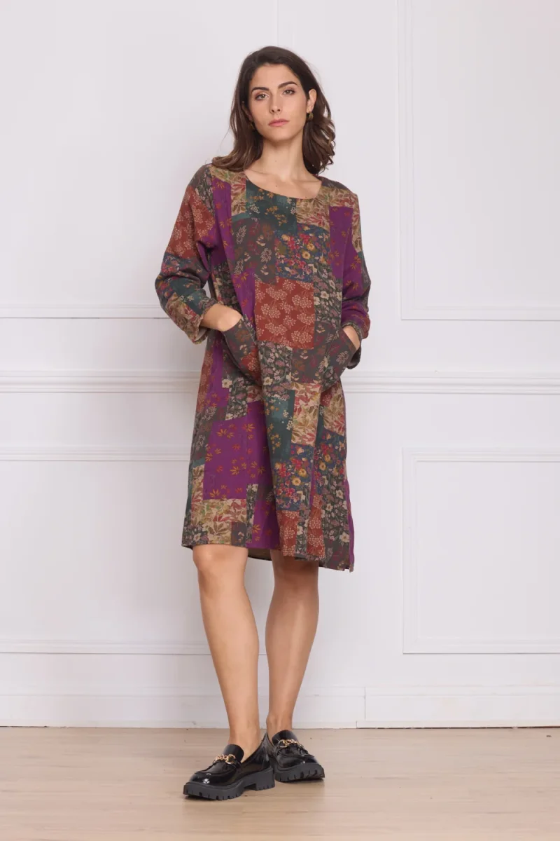 Robe mi-longue patchwork fleuri violet – 100% coton