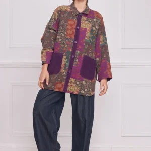 Veste courte patchwork violette fleurie en coton bio
