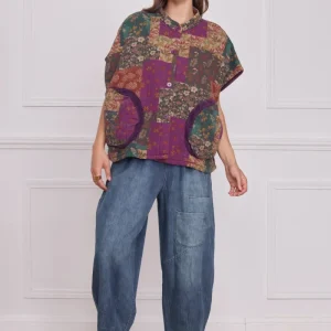 Gilet sans manches patchwork violet fleuri – 100% coton