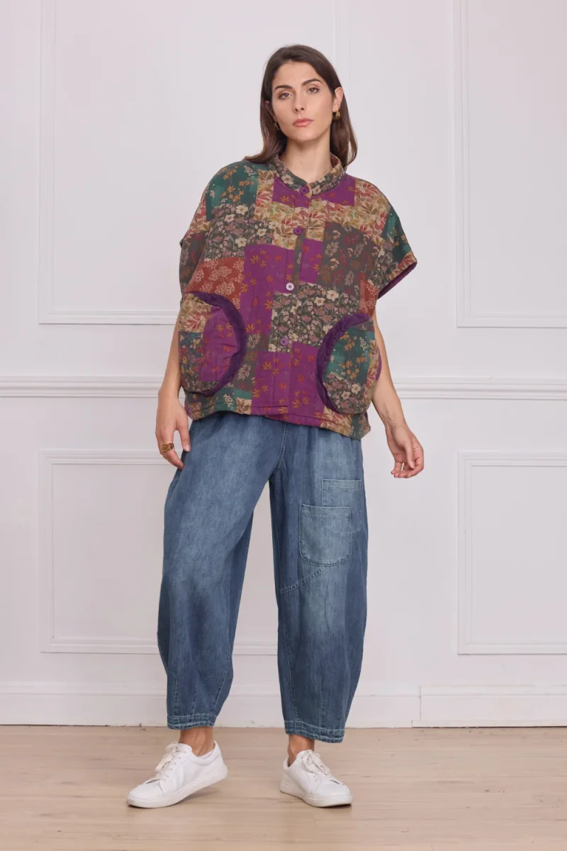 Gilet sans manches patchwork violet fleuri – 100% coton