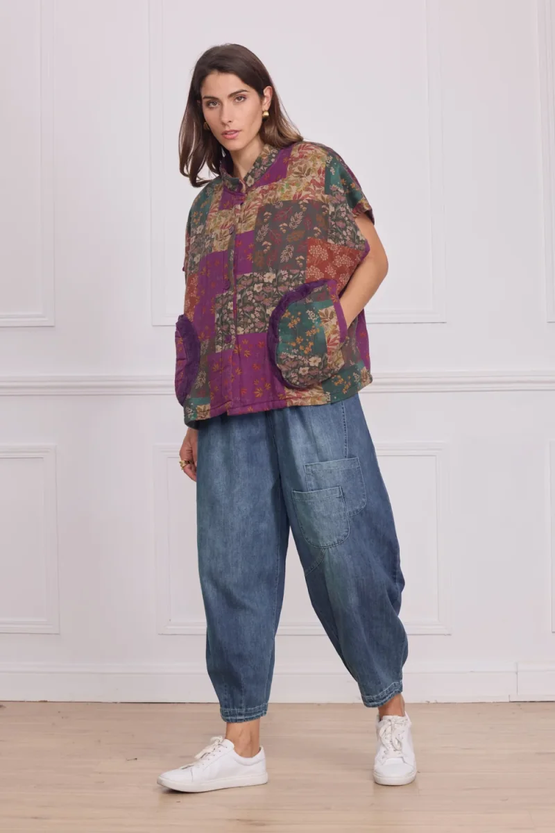 Gilet sans manches patchwork violet fleuri – 100% coton - Imagen 3