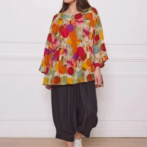 Blouse orange ceinturée à motifs en coton