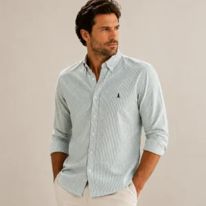 CAMISA OXFORD RAYAS VERDES/ BOTONES EN EL CUELLO