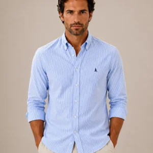 CAMISA OXFORD RAYAS AZULES/ BOTONES EN EL CUELLO