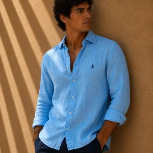 CAMISA LINO AZUL TURQUESA