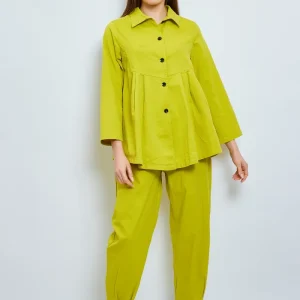 Chemise unie mi-volantée en coton