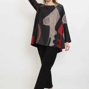 Blouse aux motifs modernes noirs, rouges et marrons