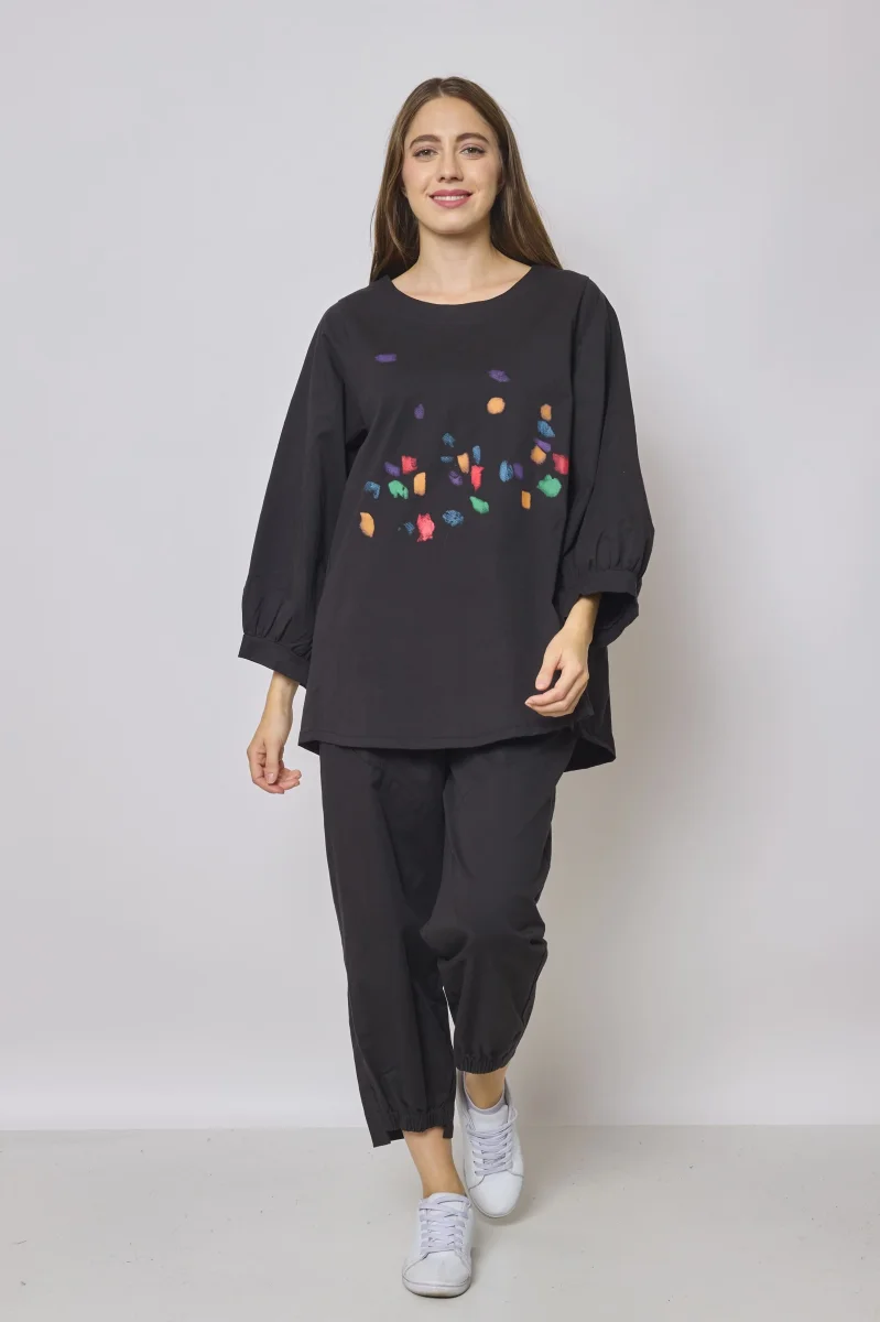 Blouse noire à motifs manche bouffante - Imagen 3