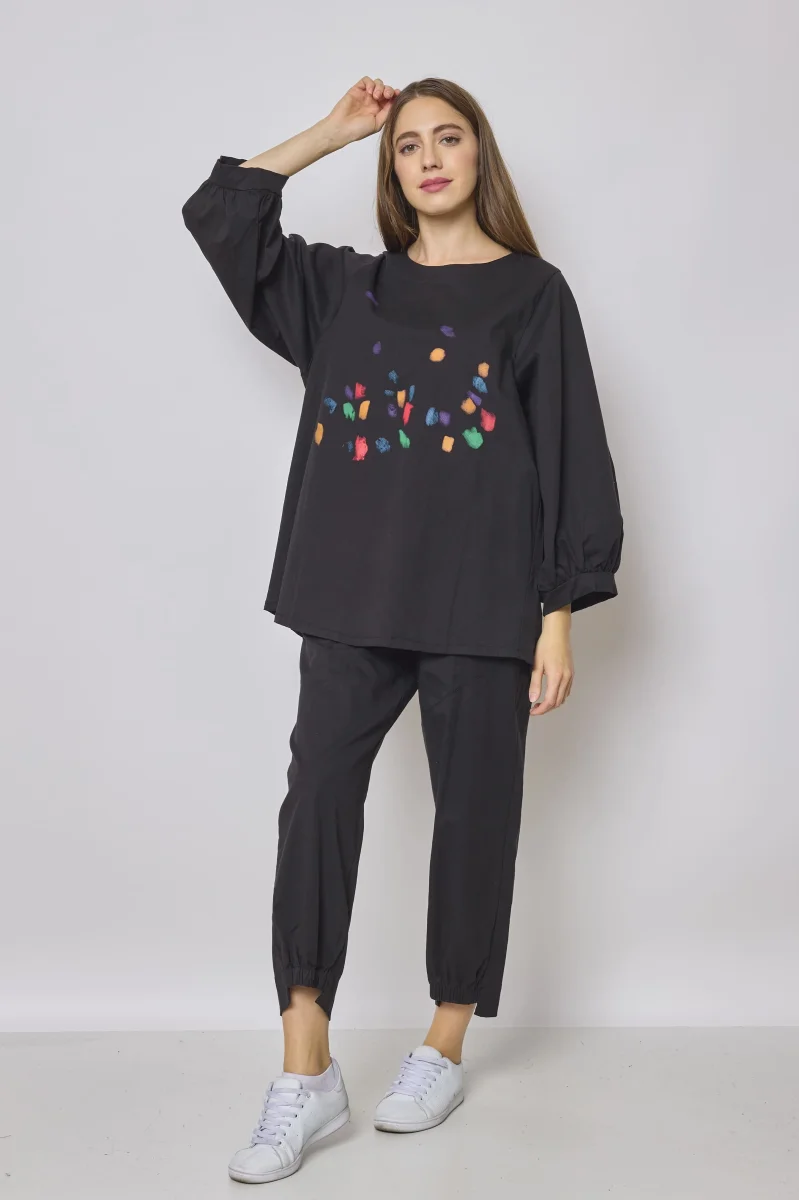 Blouse noire à motifs manche bouffante - Imagen 2