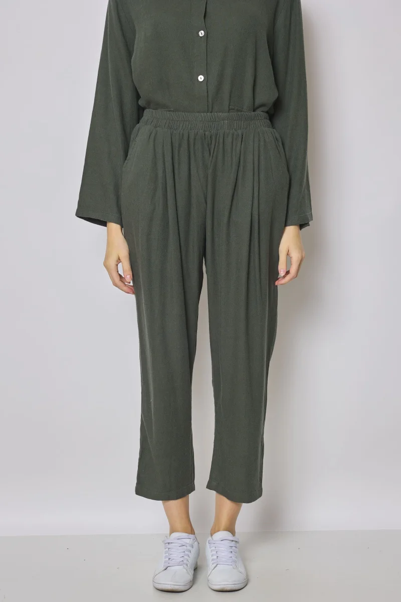 Pantalon vert en coton et lin - Imagen 2