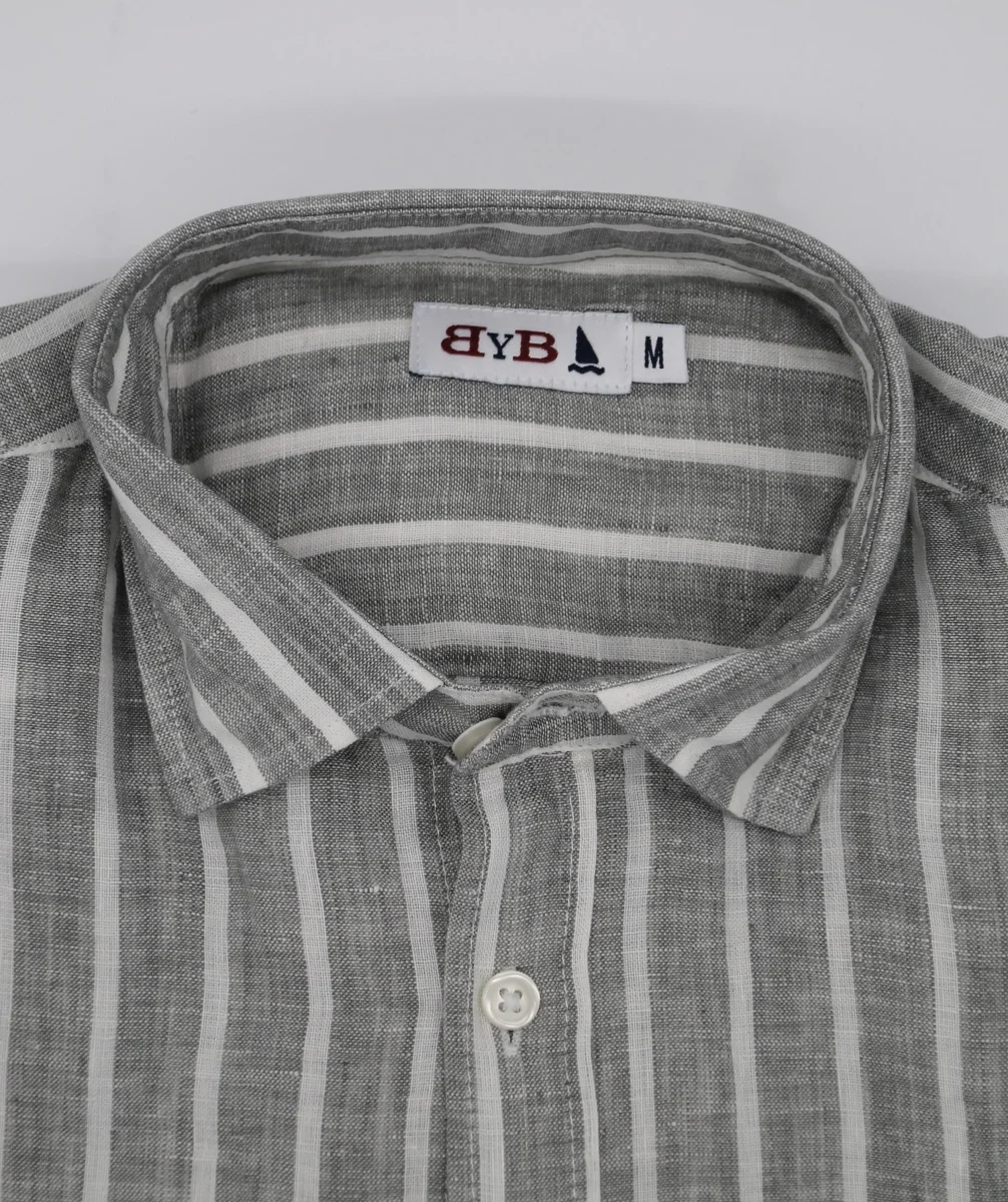 CAMISA LINO RAYAS ANCHAS GRIS VERDOSO - Imagen 3