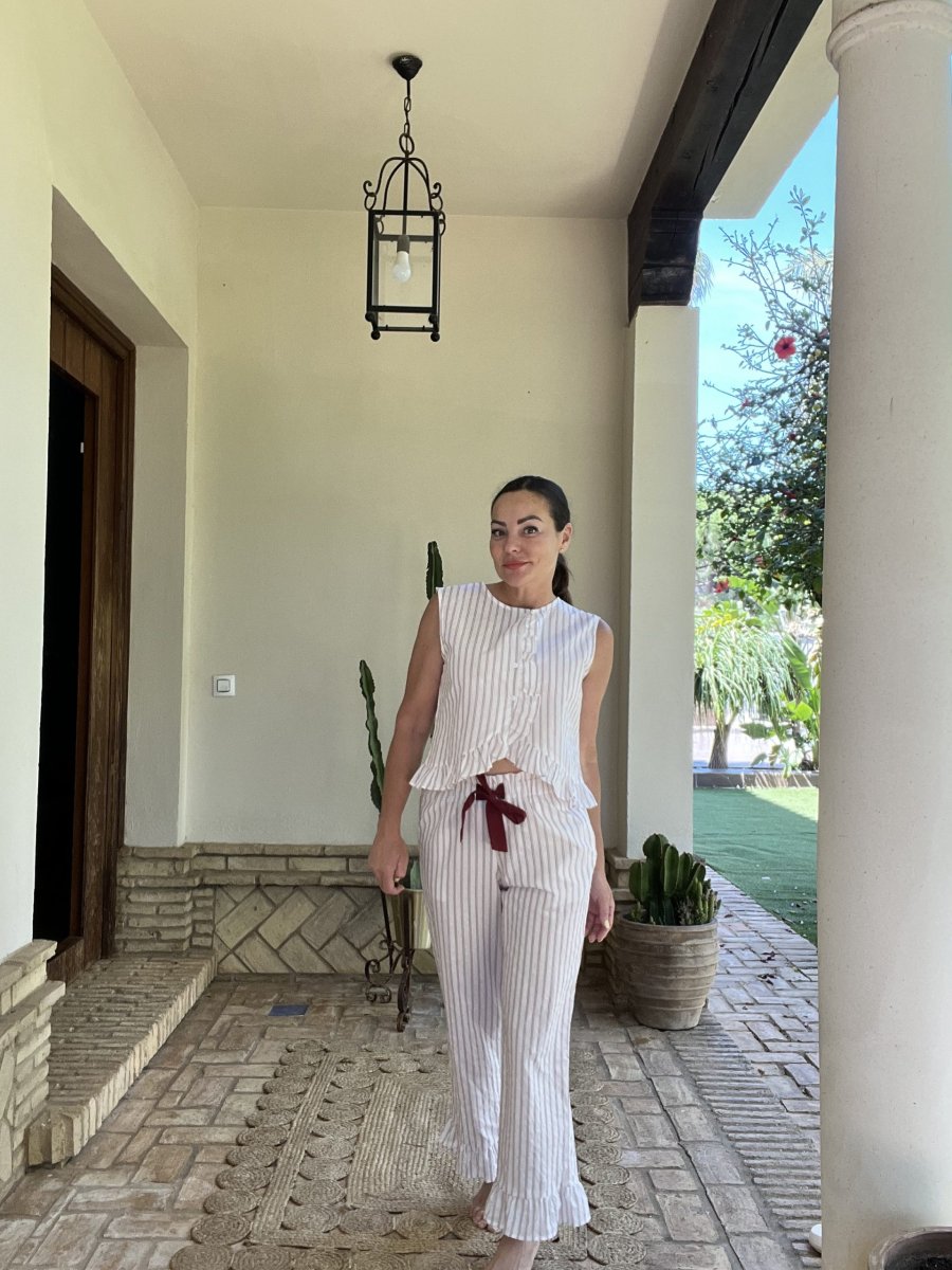 Conjunto Toscana con Volantes de Algodón Raya Granate - Imagen 3