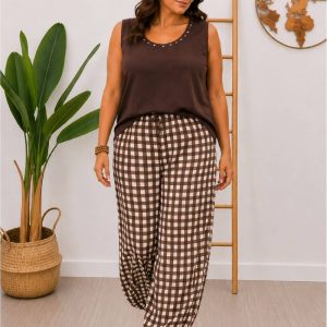 Pantalon Bombacho Cuadros Marron