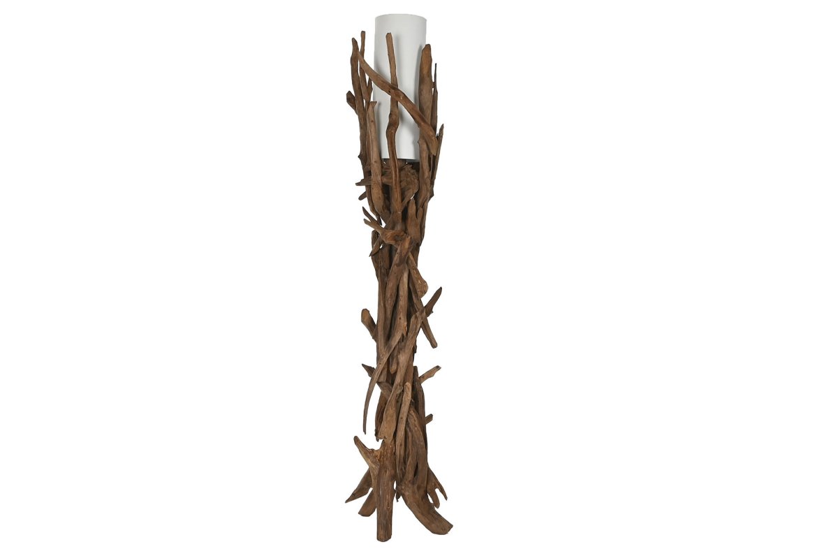 Lámpara de Pie Artesanal en Teca Natural con Pantalla Textil - Imagen 3