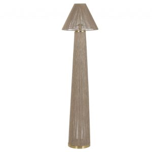 Lámpara de Pie Cónica de Rattan Natural y Detalles Dorados