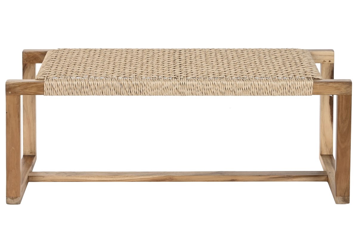Descalzadora de Teca y Fibra Natural Trenzada 124x44x49 cm - Imagen 3