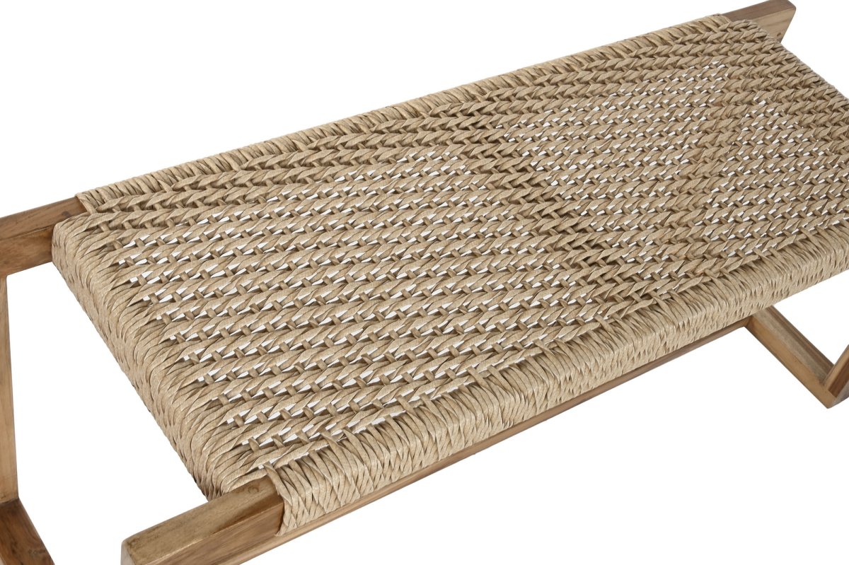 Descalzadora de Teca y Fibra Natural Trenzada 124x44x49 cm - Imagen 5