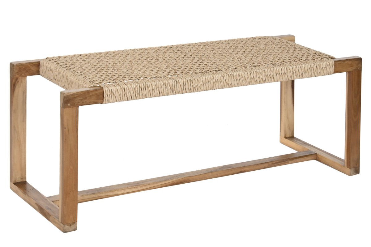 Descalzadora de Teca y Fibra Natural Trenzada 124x44x49 cm
