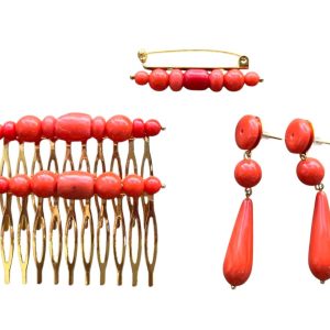 Conjunto Flamenco Coral: Peina, Pendientes y Broche en Coral y Oro