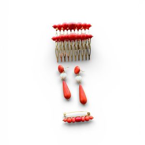 Conjunto Flamenco Triana: Peina, Pendientes y Broche Coral y Hueso