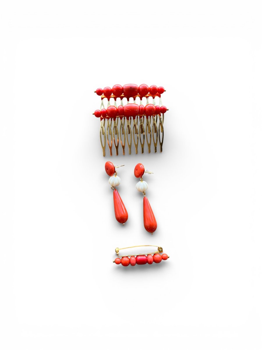 Conjunto Flamenco Triana: Peina, Pendientes y Broche Coral y Hueso