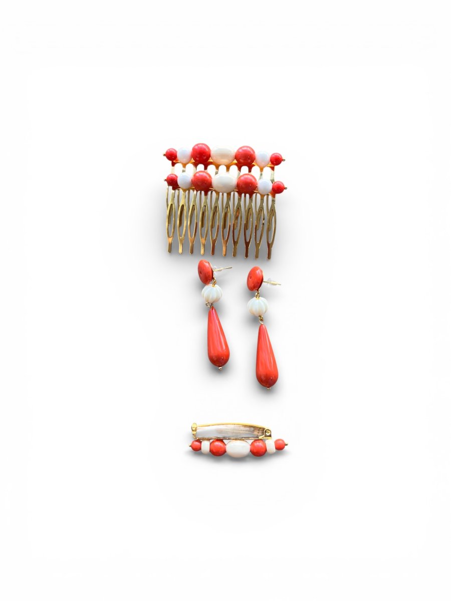 Conjunto Flamenco Triana: Peina, Pendientes y Broche Coral y Hueso - Imagen 3